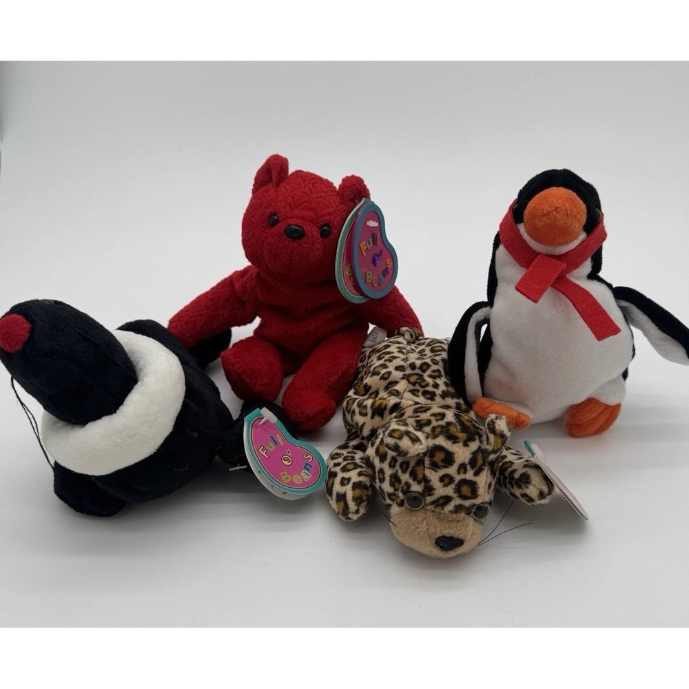Avon Full O' Beans Plush Lot Of 4 Bear Leopard Seal Penguin NWT 1999 Collect